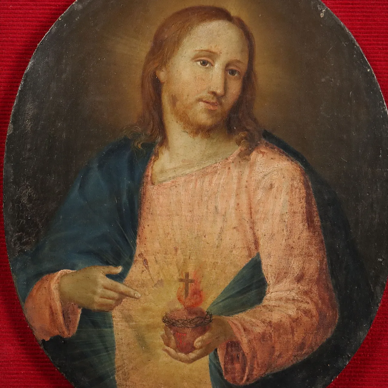 Sacred Heart of Jesus painting, oil on panel, 19th century 3