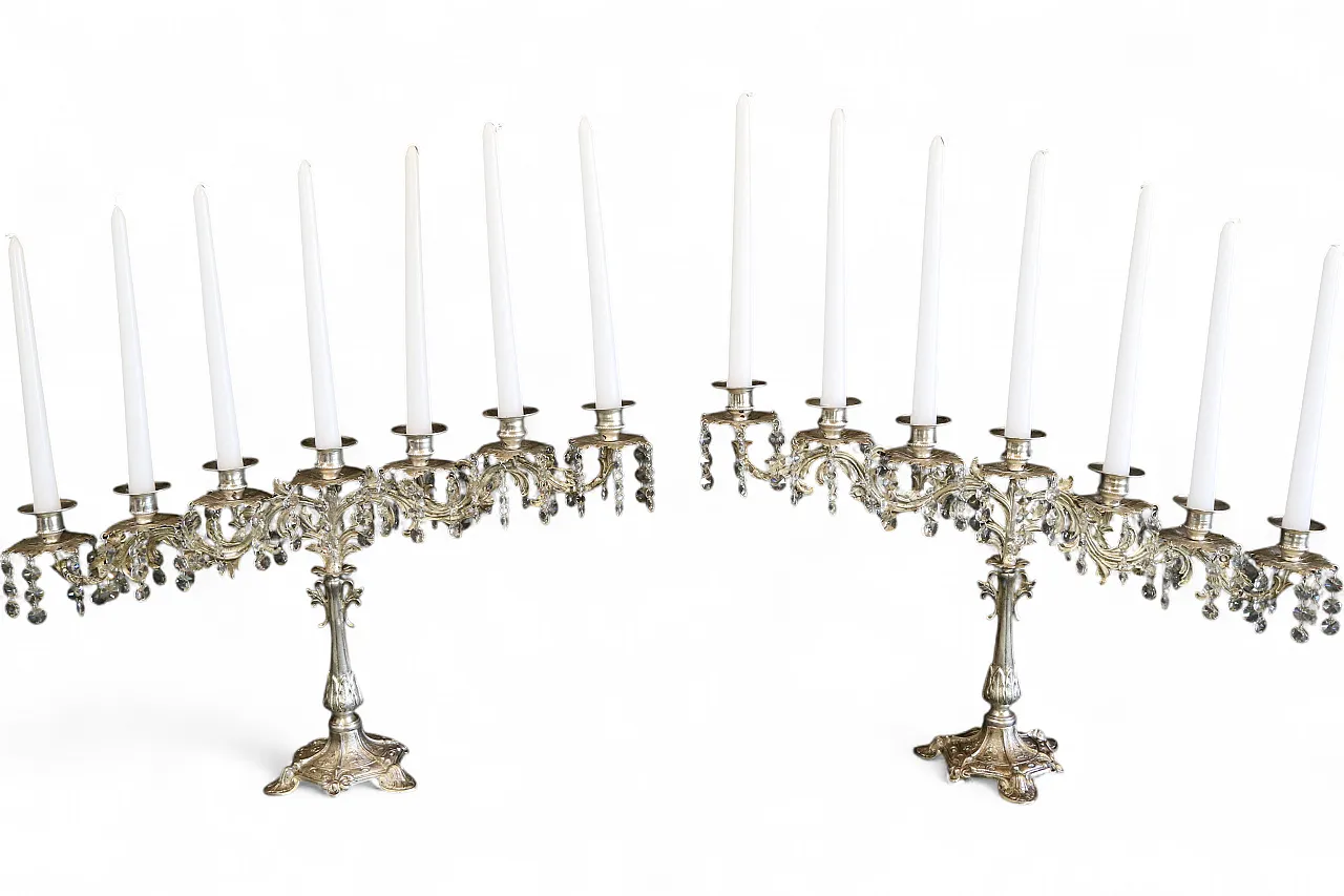 Coppia candelabri liturgici 7 fiamme stile barocco argentati, anni '30 25