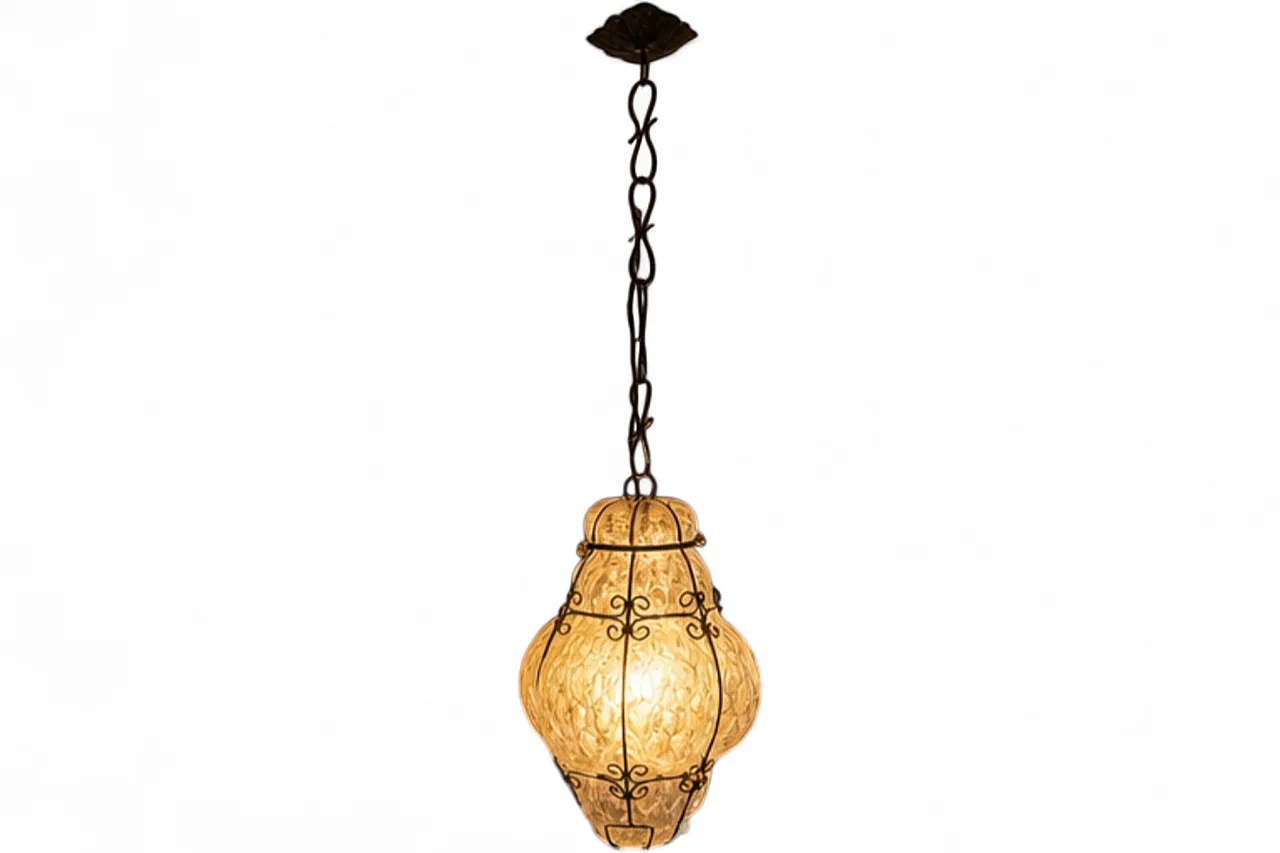 Suspension lamp in blown glass and wrought Iron, 90s 8