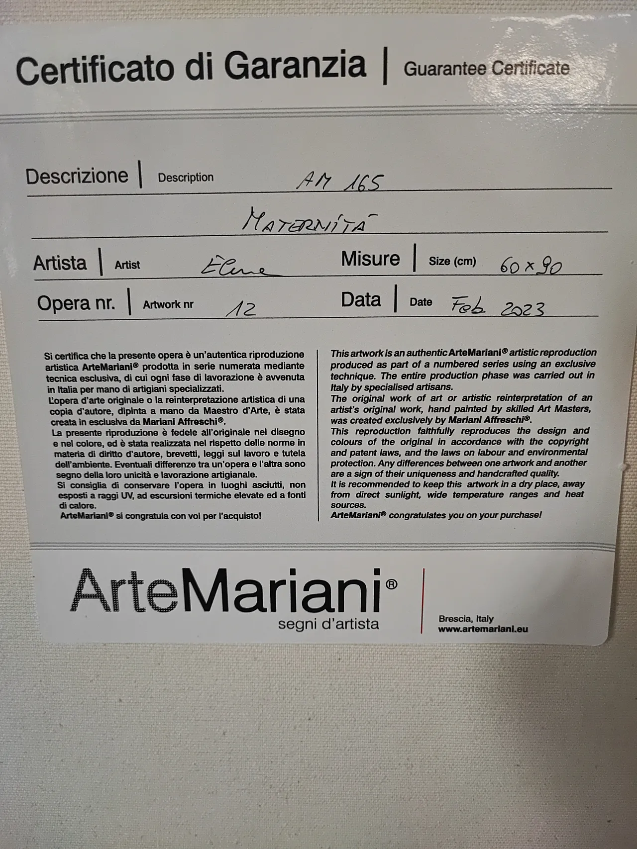 Opera d'Arte "Maternità" Riproduzione d'Autore ArteMariani, anni 2000 2