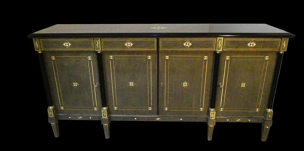 Credenza Hollywood Regency in stile Luigi XVI in radica, lacca grigia e ottone, Francia, anni '80 1