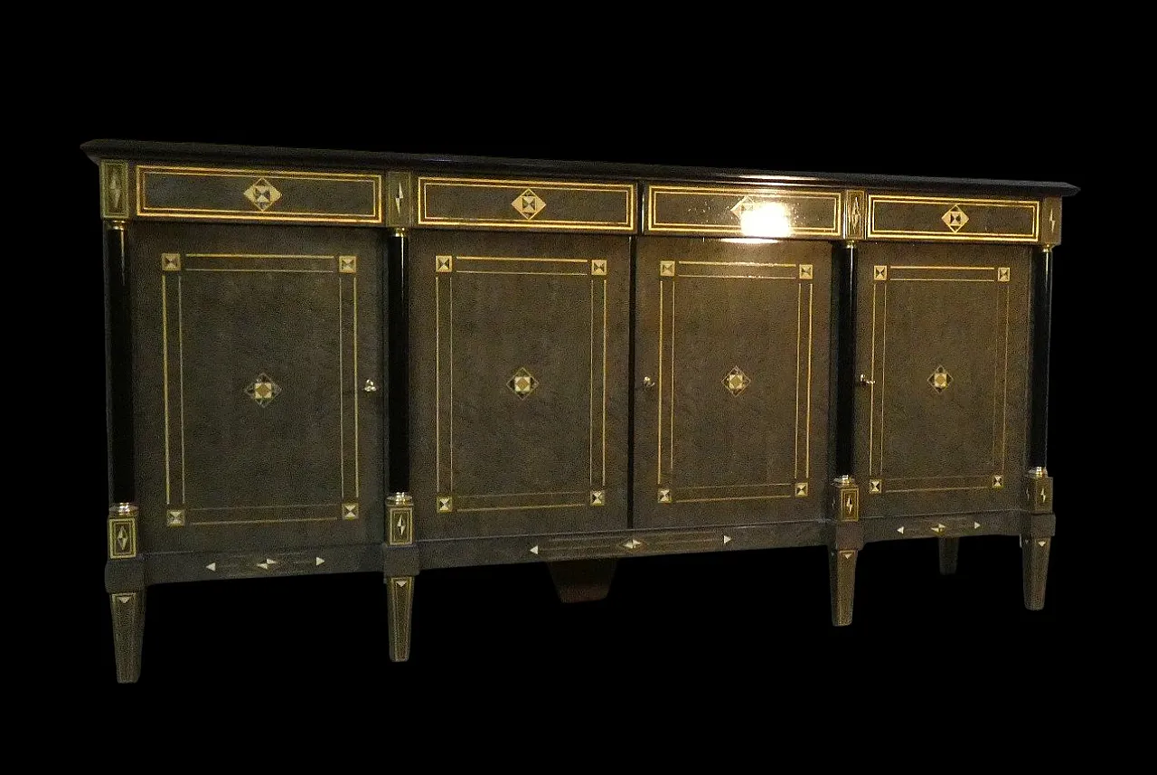 Credenza Hollywood Regency in stile Luigi XVI in radica, lacca grigia e ottone, Francia, anni '80 3