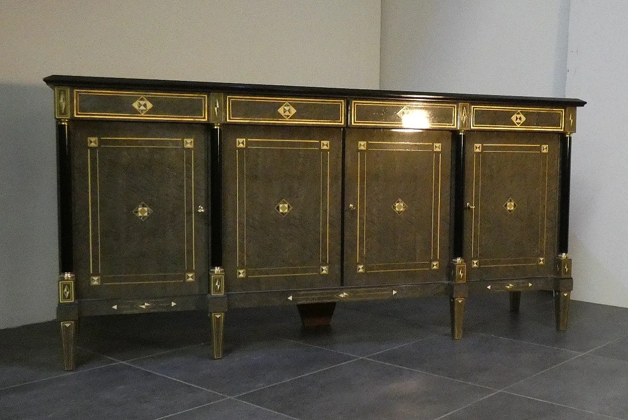 Credenza Hollywood Regency in stile Luigi XVI in radica, lacca grigia e ottone, Francia, anni '80 4