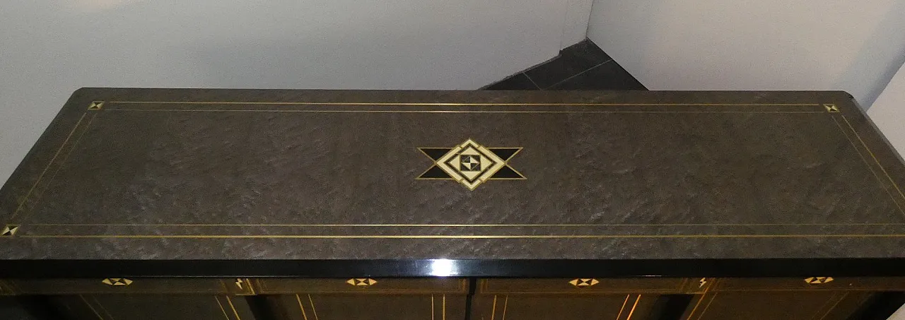 Credenza Hollywood Regency in stile Luigi XVI in radica, lacca grigia e ottone, Francia, anni '80 8