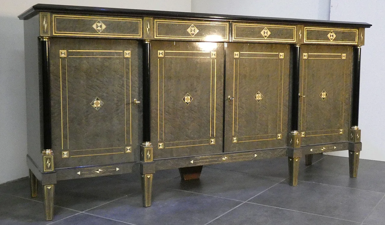 Credenza Hollywood Regency in stile Luigi XVI in radica, lacca grigia e ottone, Francia, anni '80 9