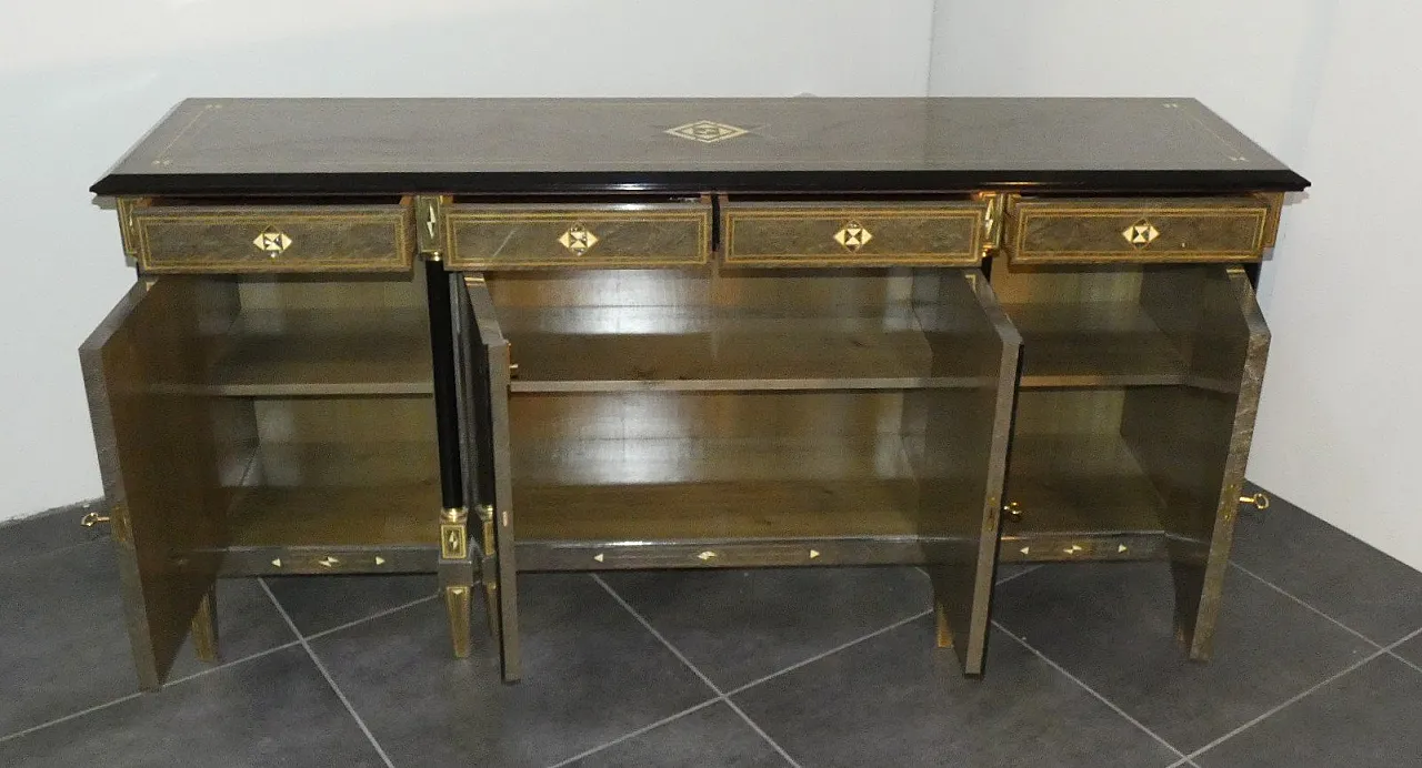 Credenza Hollywood Regency in stile Luigi XVI in radica, lacca grigia e ottone, Francia, anni '80 10