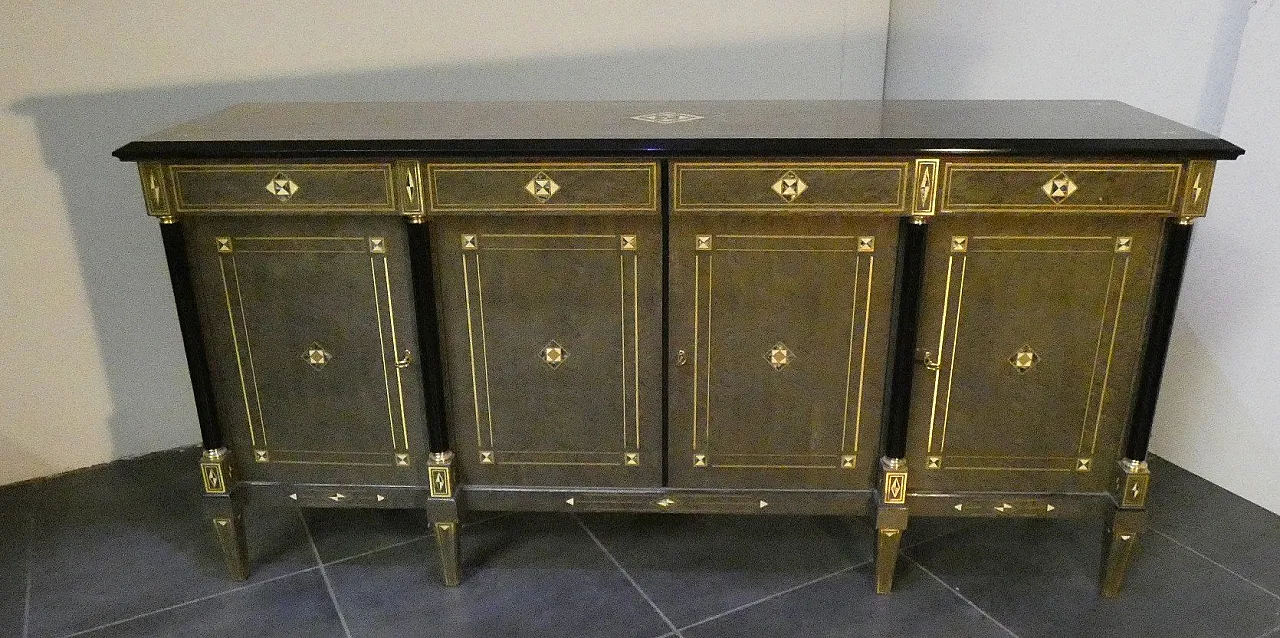 Credenza Hollywood Regency in stile Luigi XVI in radica, lacca grigia e ottone, Francia, anni '80 13