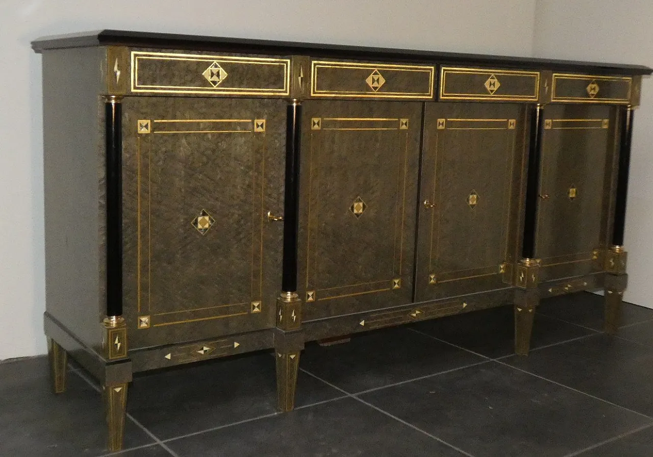 Credenza Hollywood Regency in stile Luigi XVI in radica, lacca grigia e ottone, Francia, anni '80 16