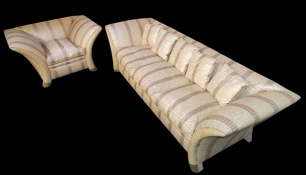 Divano e Poltrona stile coloniale con piedi a sciabola, anni '70 2