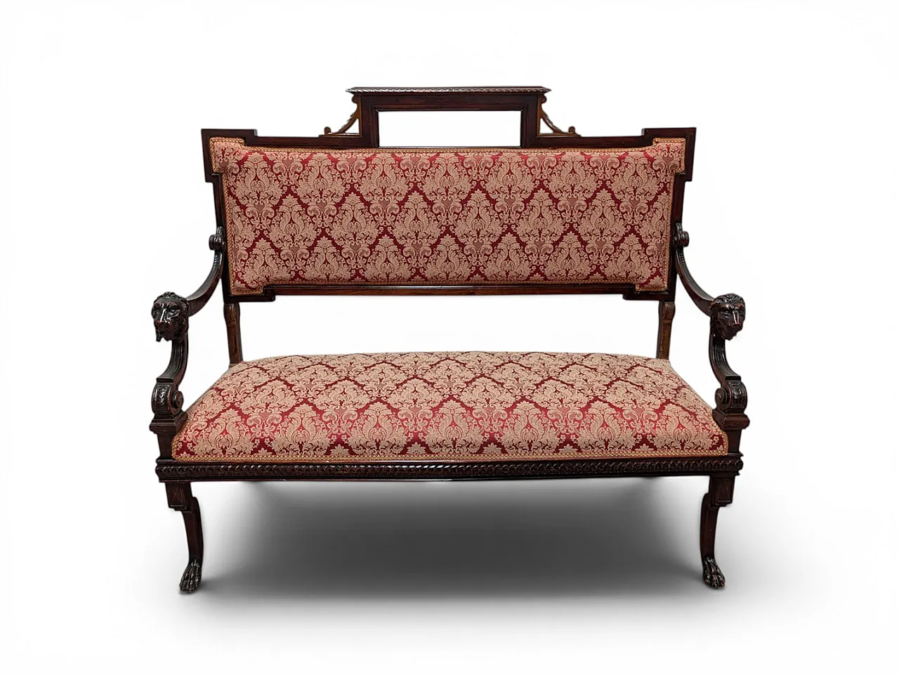 Wooden sofa with lion head armrests and red fabric, 19th century 1