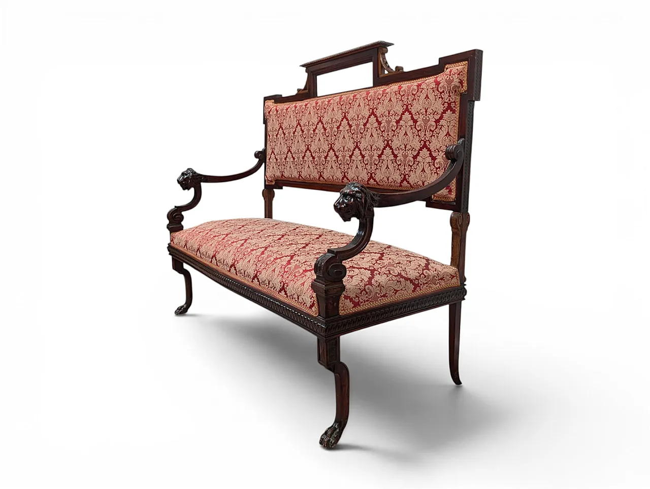 Wooden sofa with lion head armrests and red fabric, 19th century 2