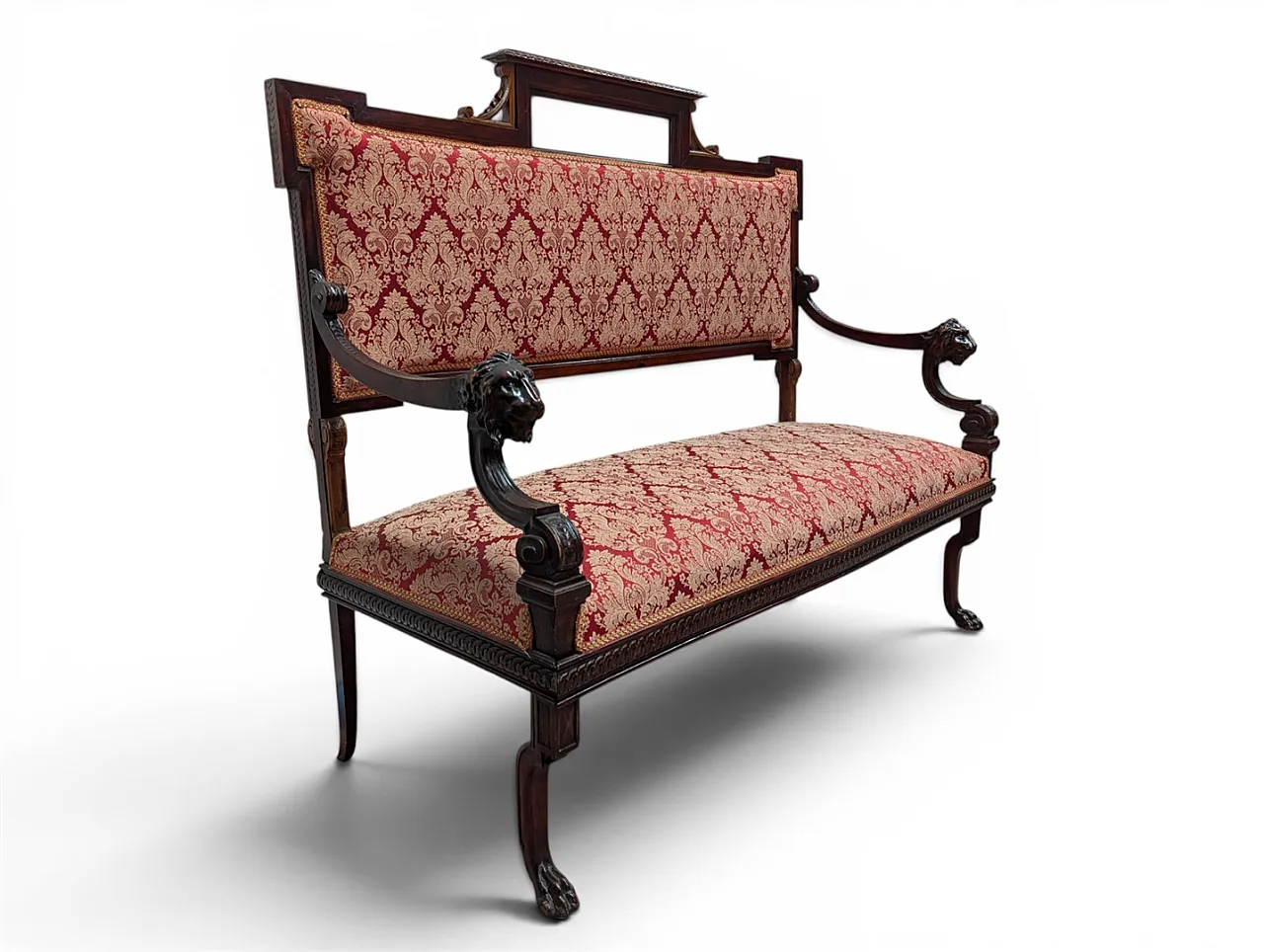 Wooden sofa with lion head armrests and red fabric, 19th century 3