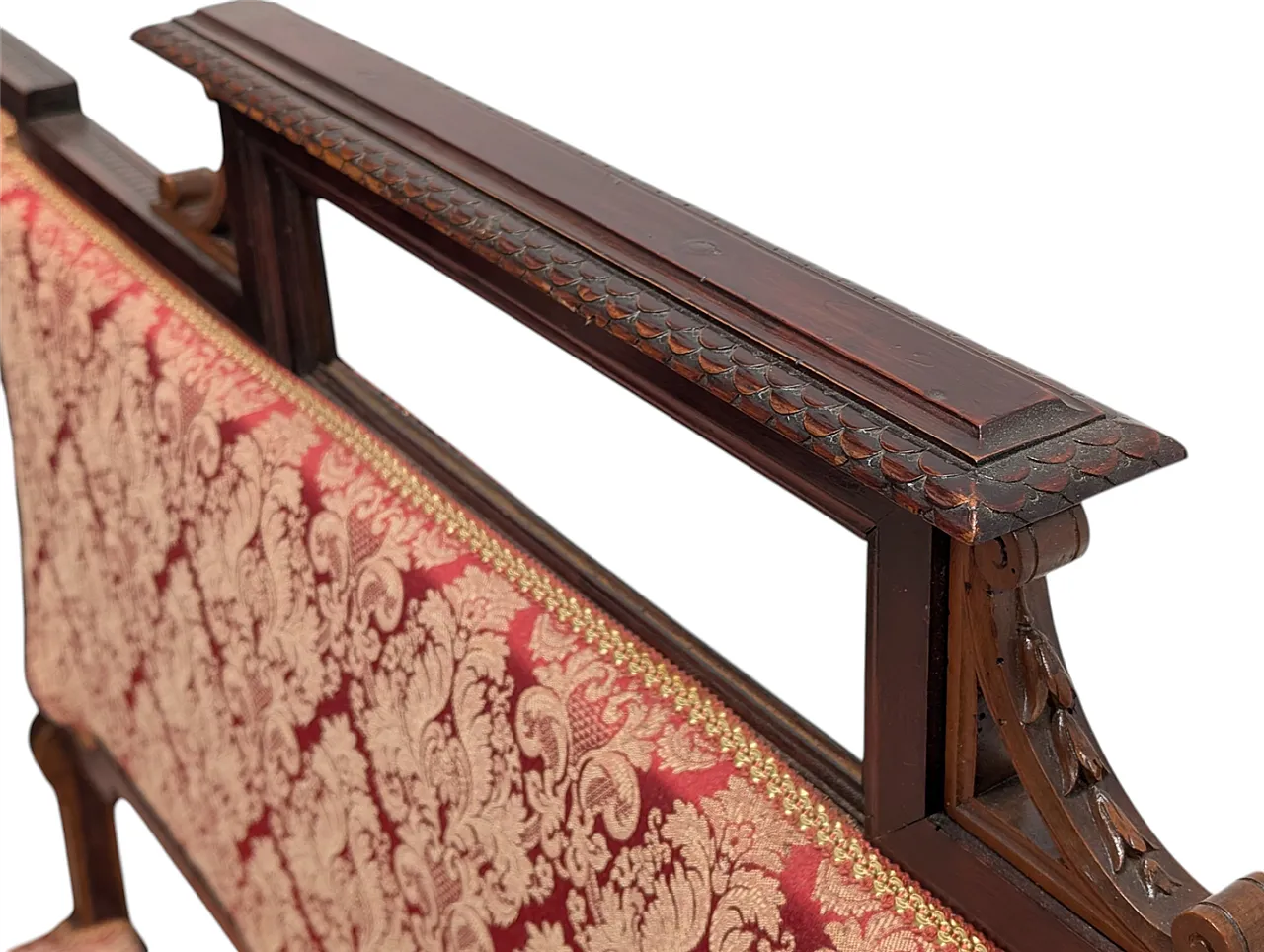 Wooden sofa with lion head armrests and red fabric, 19th century 4