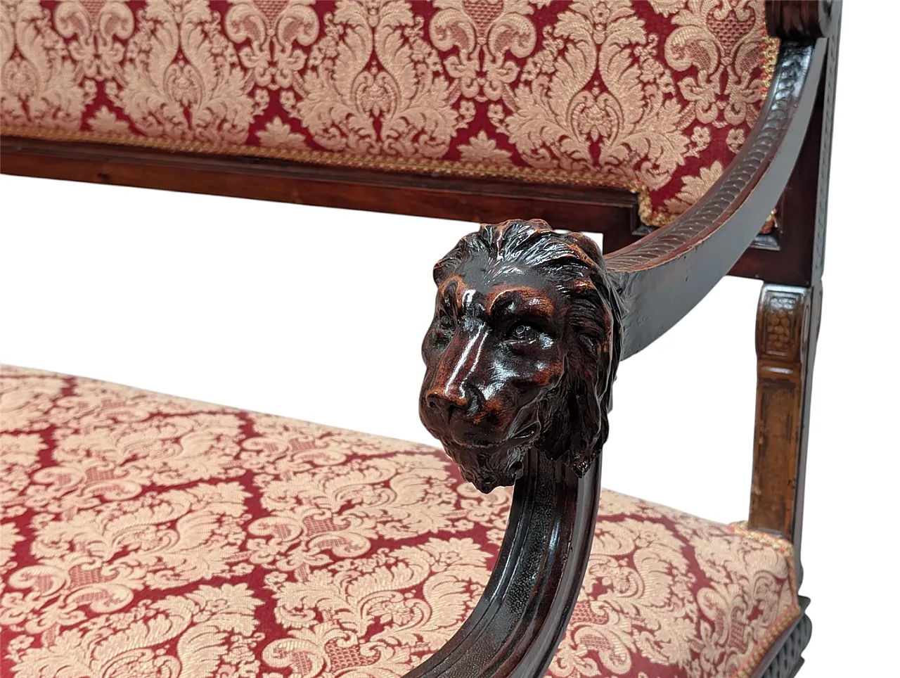 Wooden sofa with lion head armrests and red fabric, 19th century 5