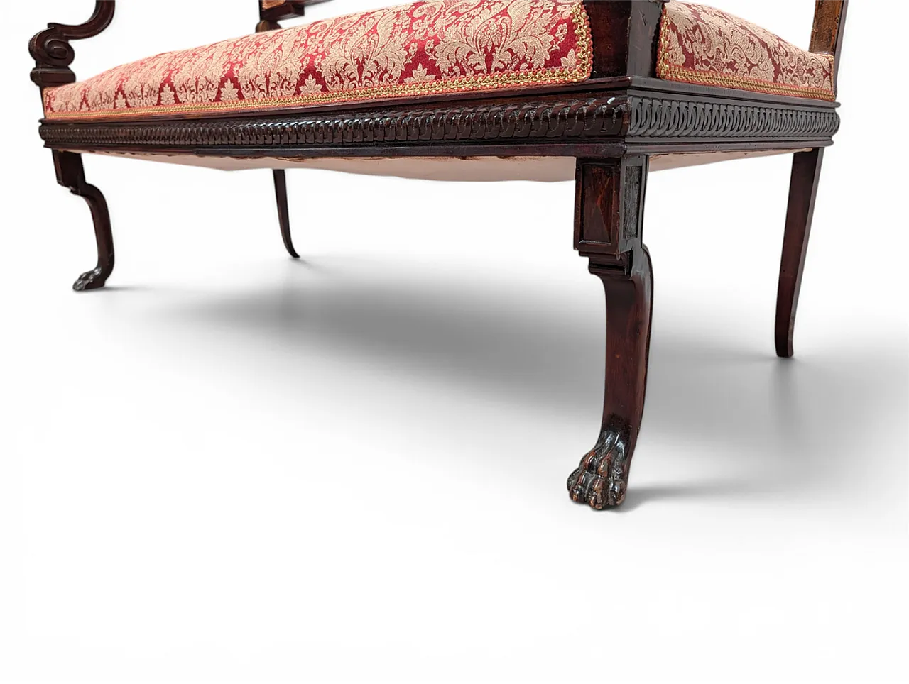 Wooden sofa with lion head armrests and red fabric, 19th century 8
