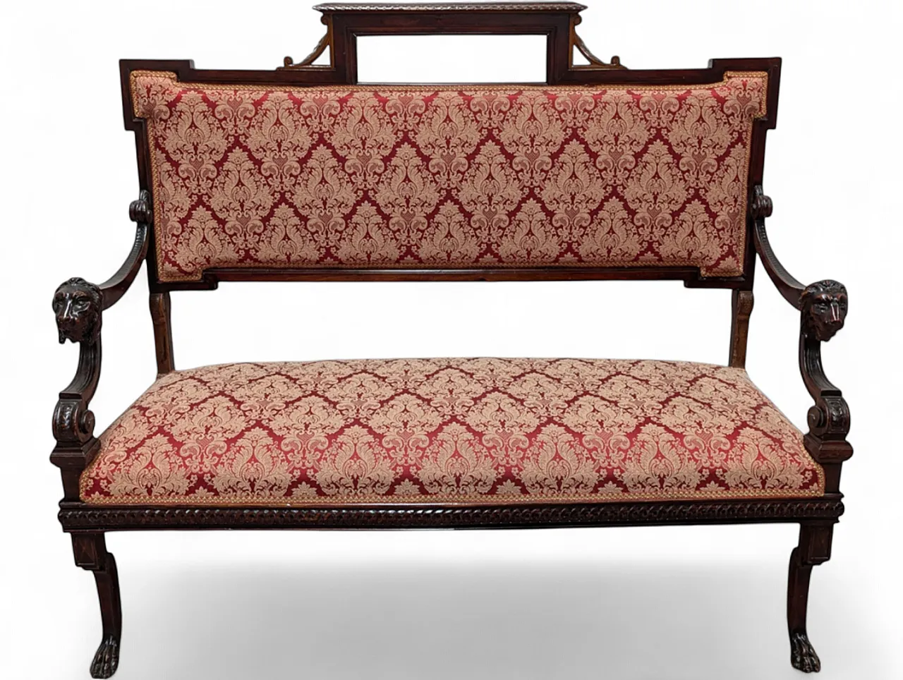 Wooden sofa with lion head armrests and red fabric, 19th century 11
