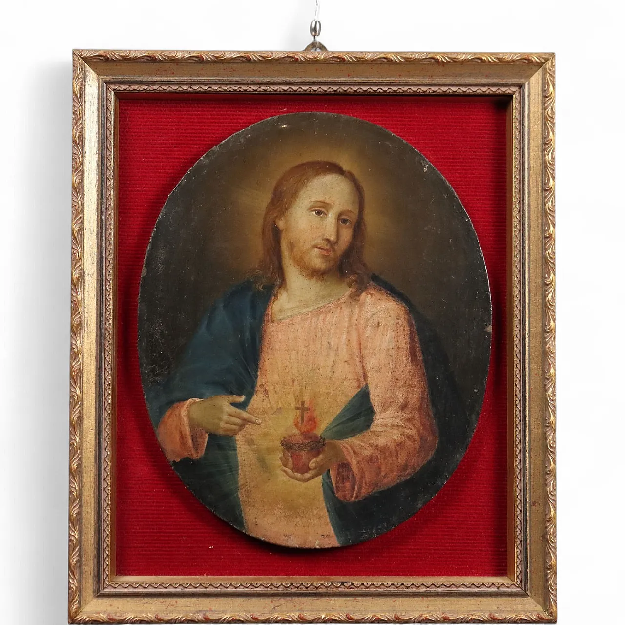 Sacred Heart of Jesus painting, oil on panel, 19th century 9