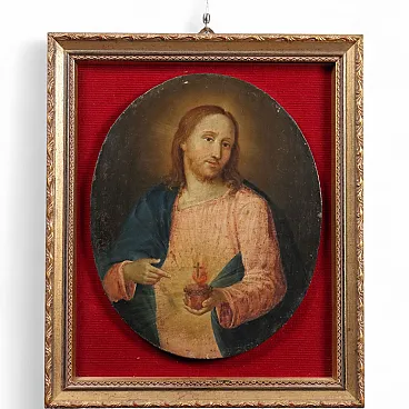 Sacred Heart of Jesus painting, oil on panel, 19th century