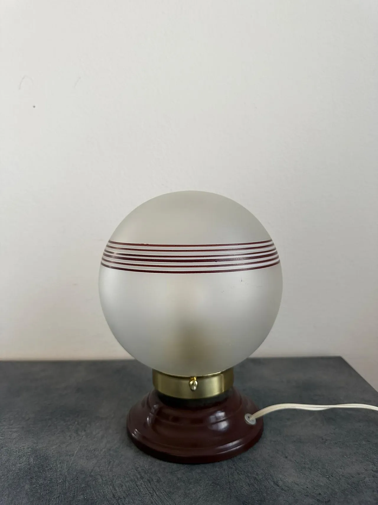 Italian Opaline Glass Globe Tobacco-Banded Shade, Brass Details, 1960s 1
