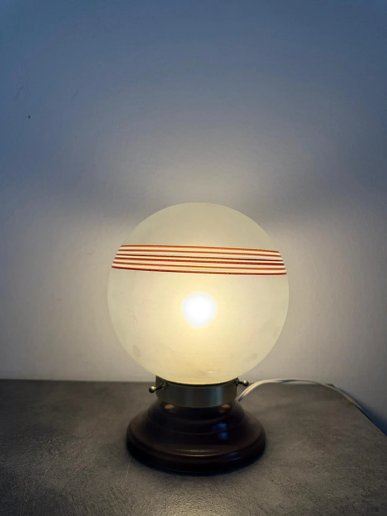 Italian Opaline Glass Globe Tobacco-Banded Shade, Brass Details, 1960s 2