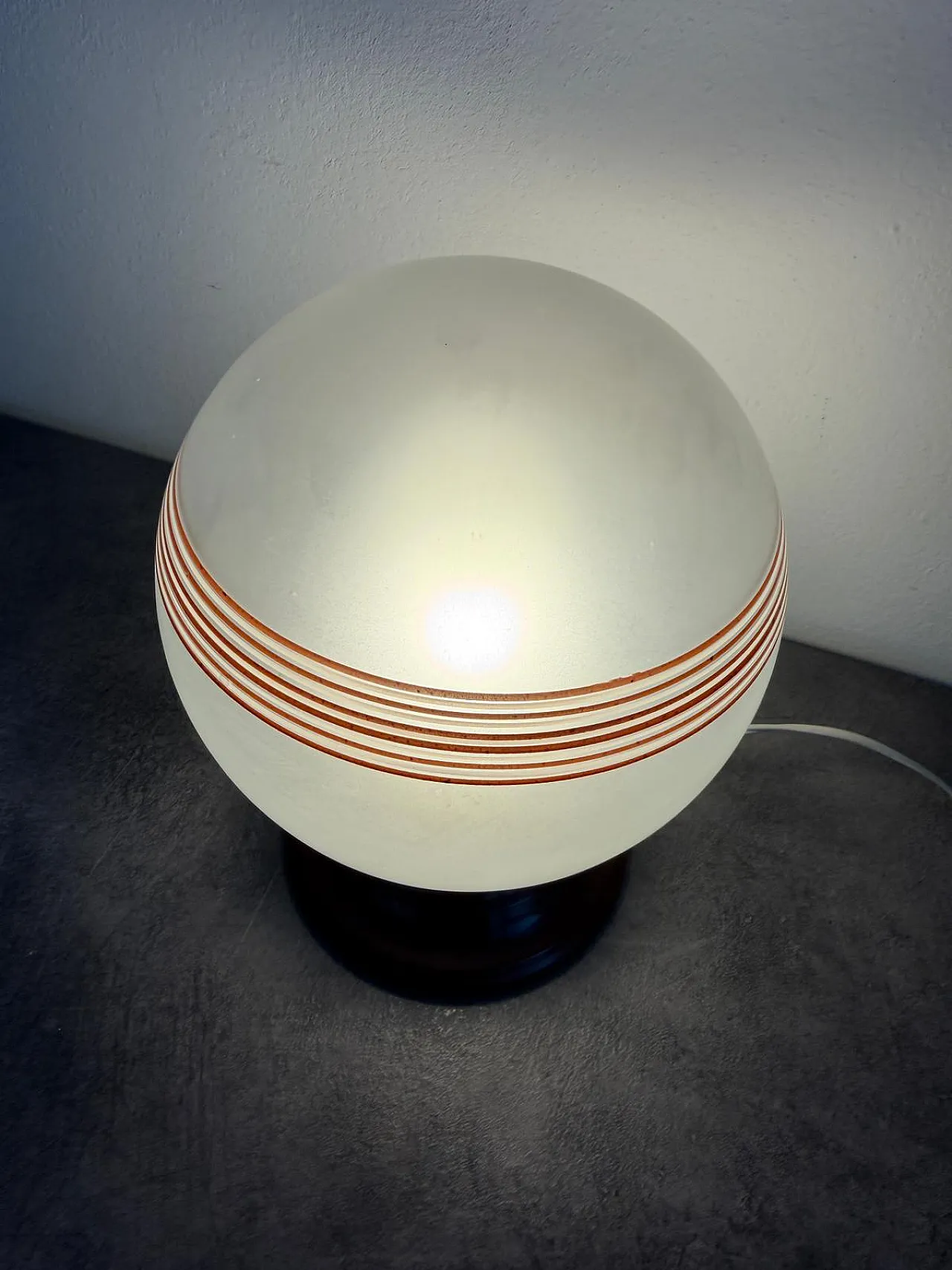 Italian Opaline Glass Globe Tobacco-Banded Shade, Brass Details, 1960s 3