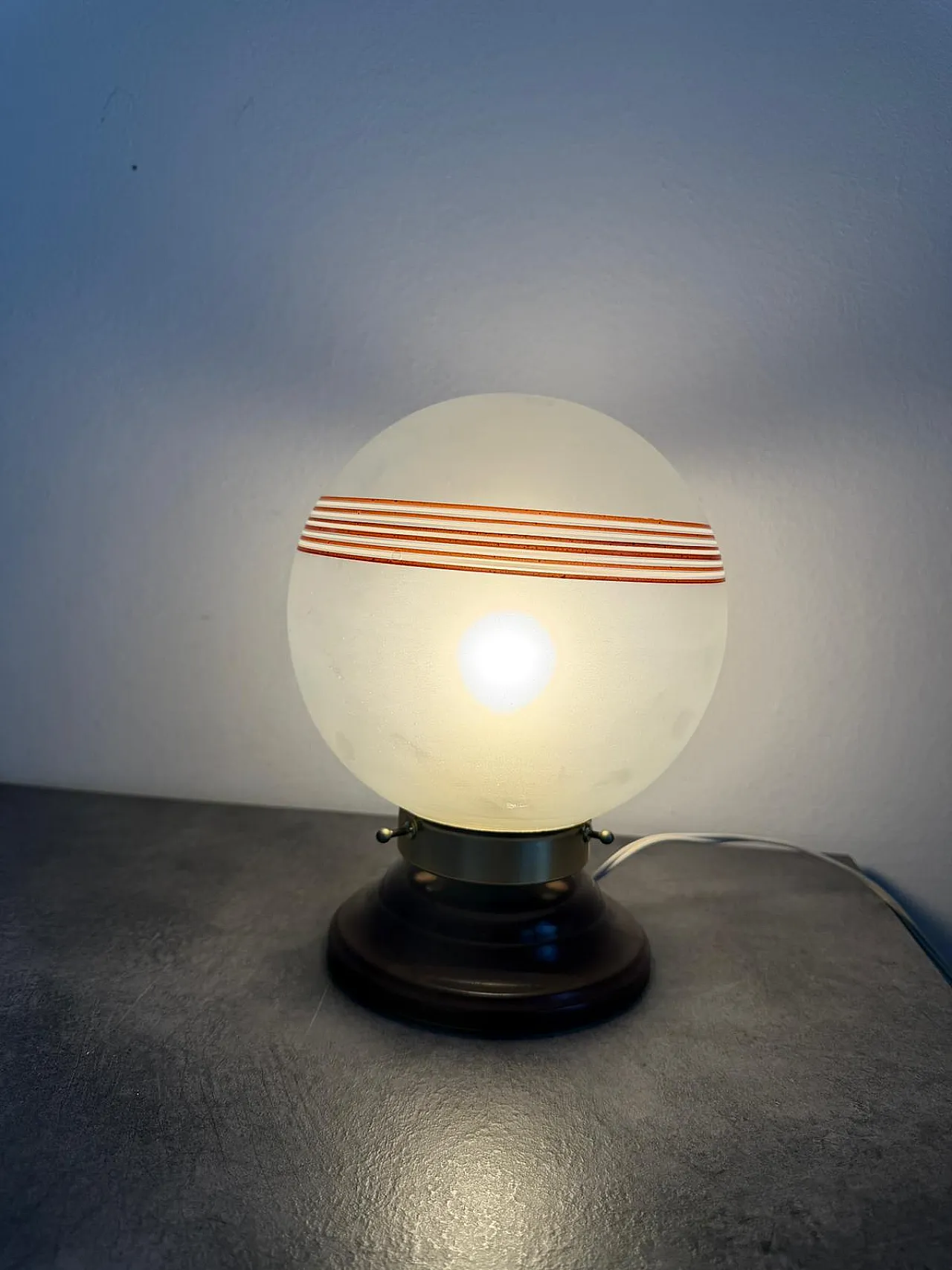 Italian Opaline Glass Globe Tobacco-Banded Shade, Brass Details, 1960s 4
