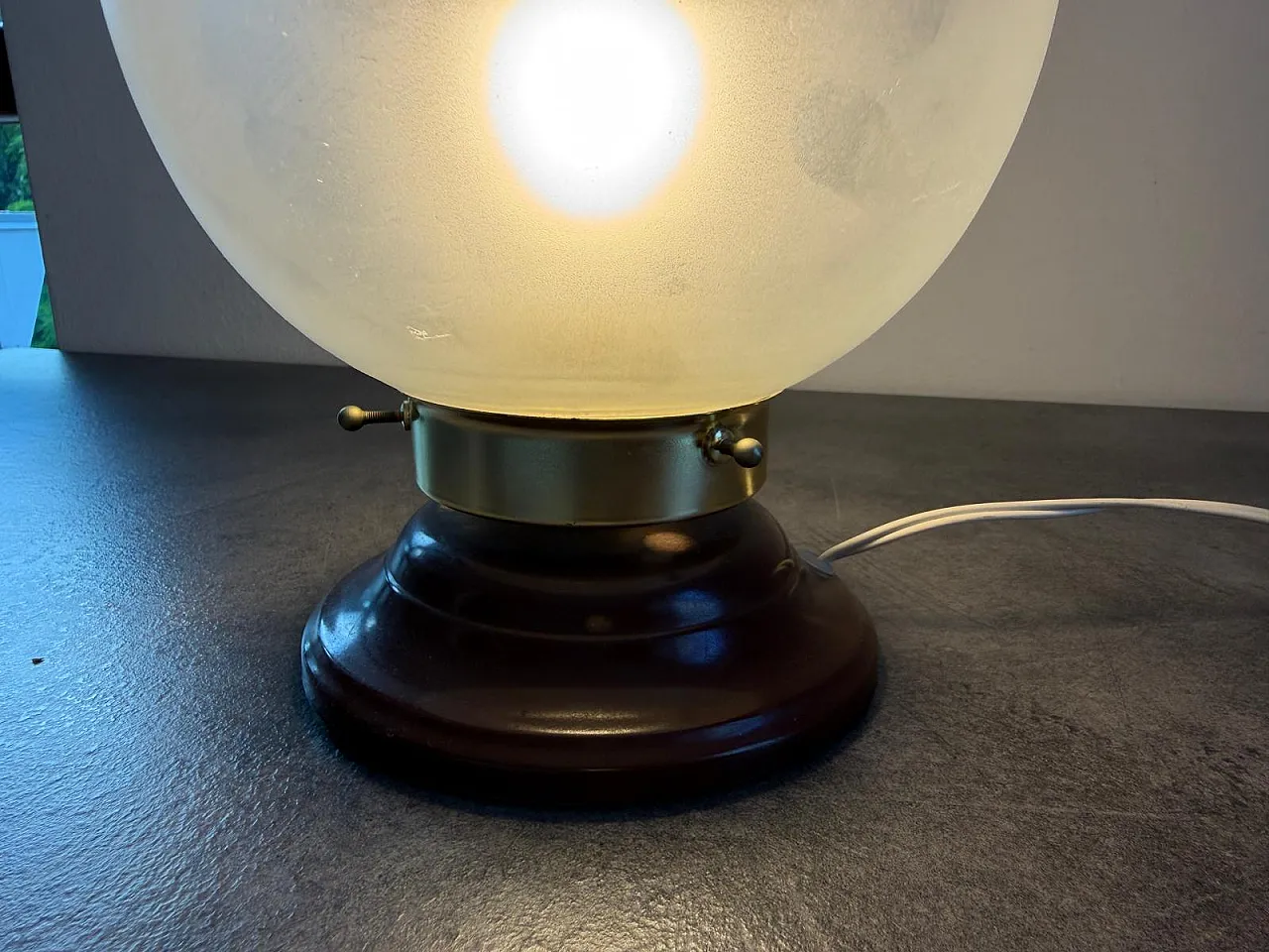 Italian Opaline Glass Globe Tobacco-Banded Shade, Brass Details, 1960s 5