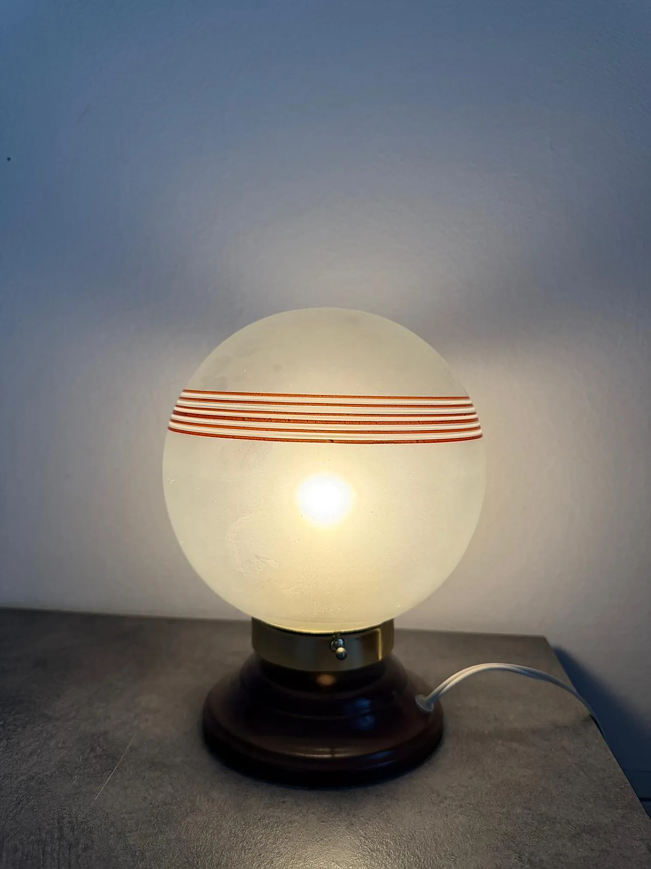 Italian Opaline Glass Globe Tobacco-Banded Shade, Brass Details, 1960s 7