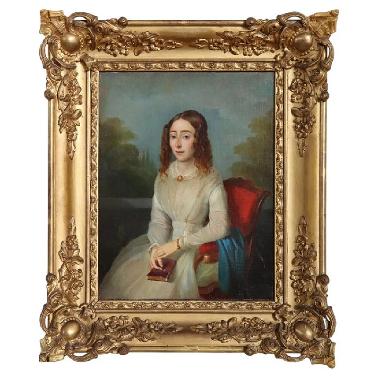 Dipinto olio su tela, Giovane donna con libro, '800 1