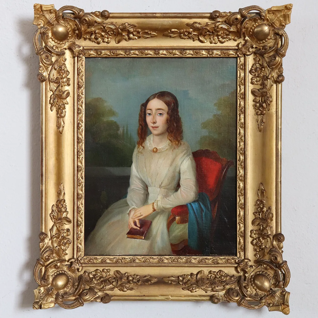Dipinto olio su tela, Giovane donna con libro, '800 3
