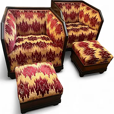 Set da soggiorno di 6 pezzi in legno e tessuto, anni '30