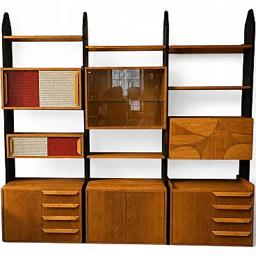 Modular wall unit with veneer cabinets and wooden supports, 1970s