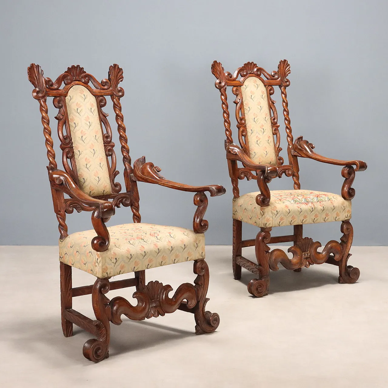 Pair of Baroque walnut armchairs, late 17th century 1