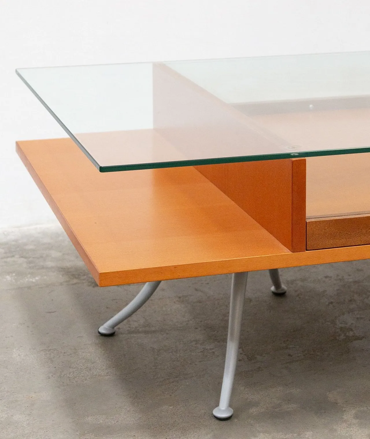 Wood and glass coffee table with Noticeboard drawer, 2000s 4