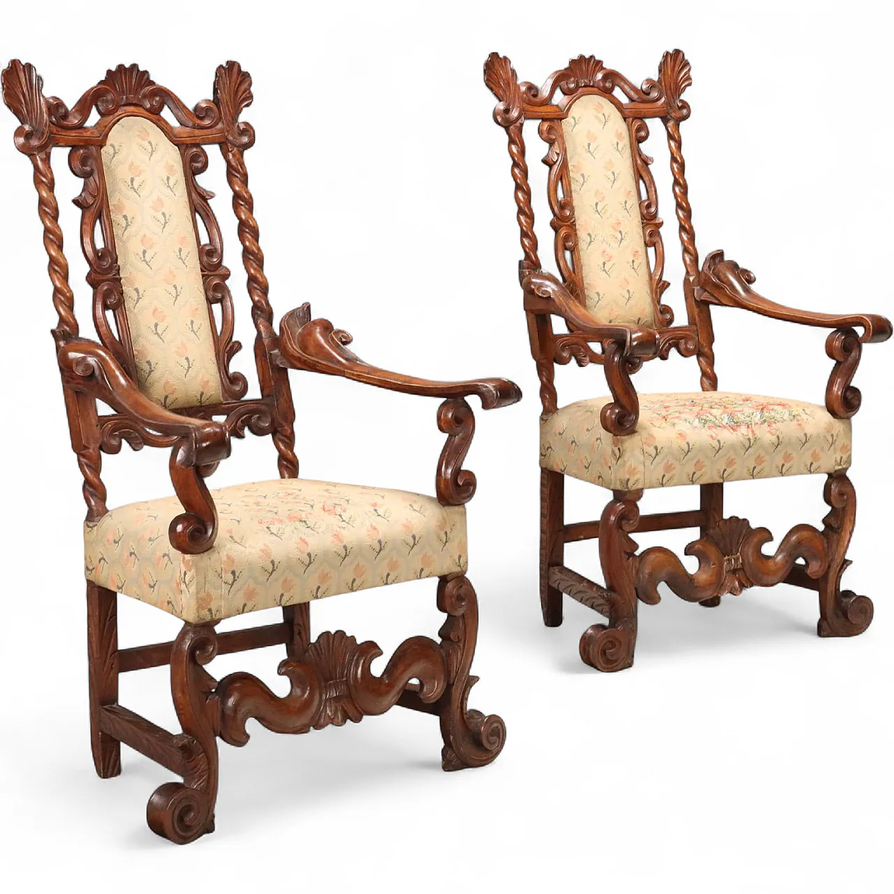 Pair of Baroque walnut armchairs, late 17th century 11
