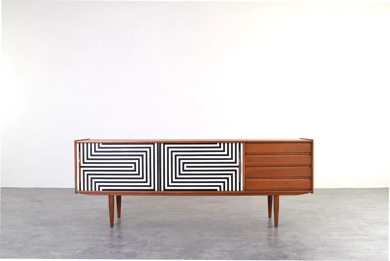 Mid-Century Op-Art Hand-Painted Danih Teak Sideboard, 1960s 1