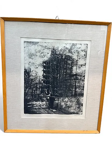 Engraving Suburban construction site by Renzo Vespignani, 20th century