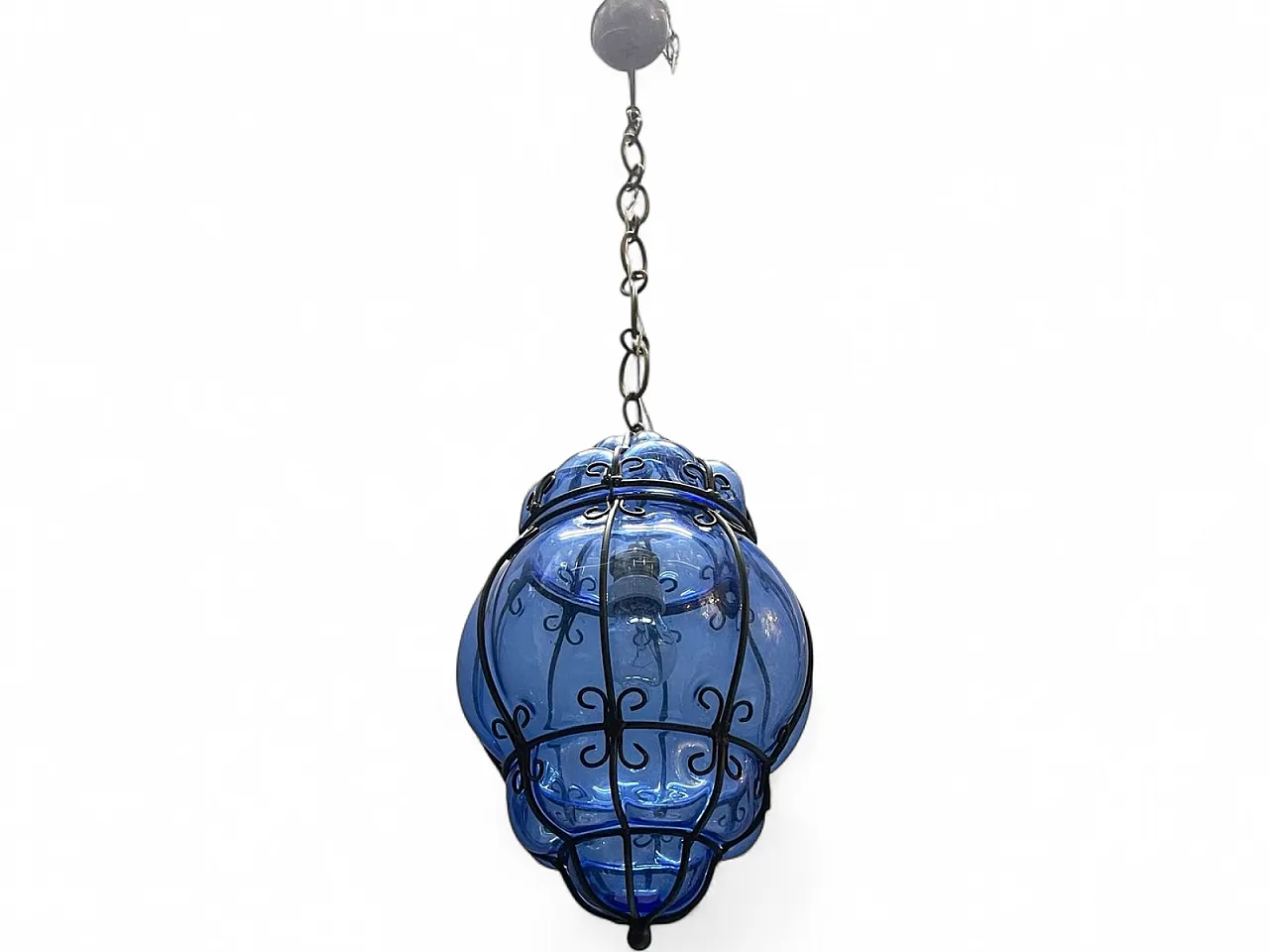 Lampada a sospensione in ferro battuto e vetro di Murano, anni '80 16