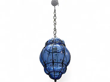 Pendant lamp in wrought iron and Murano glass, 1980s