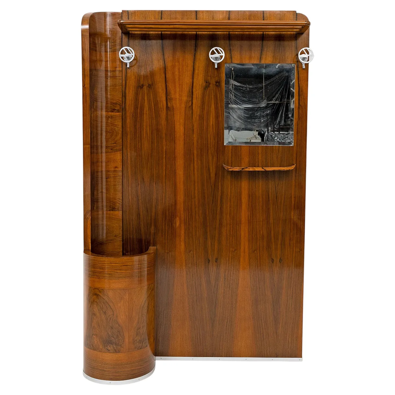 Art Deco walnut entryway stand with integrated umbrella stand, 1930s 1