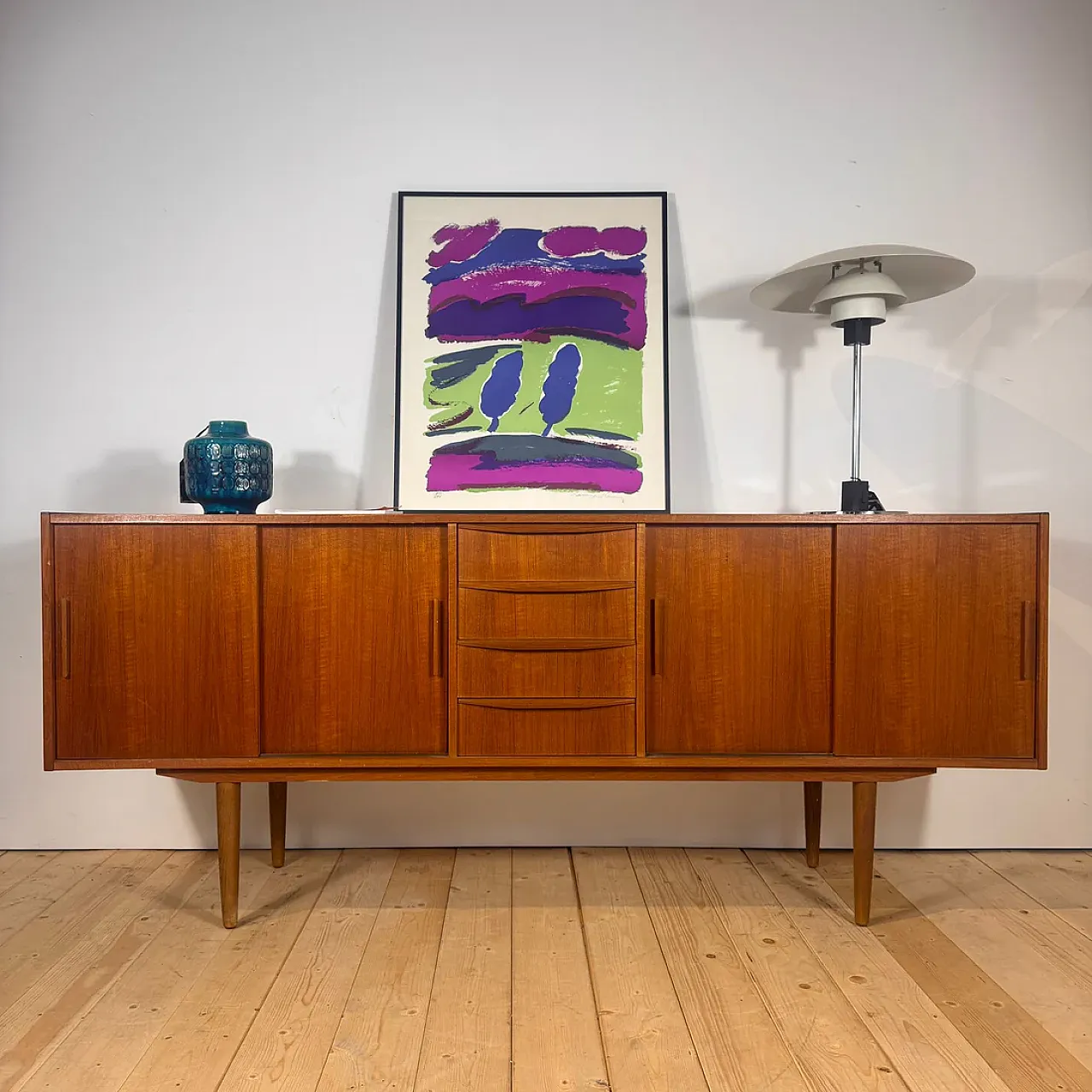 Sideboard danese a quattro cassetti in teak, anni ’60 1