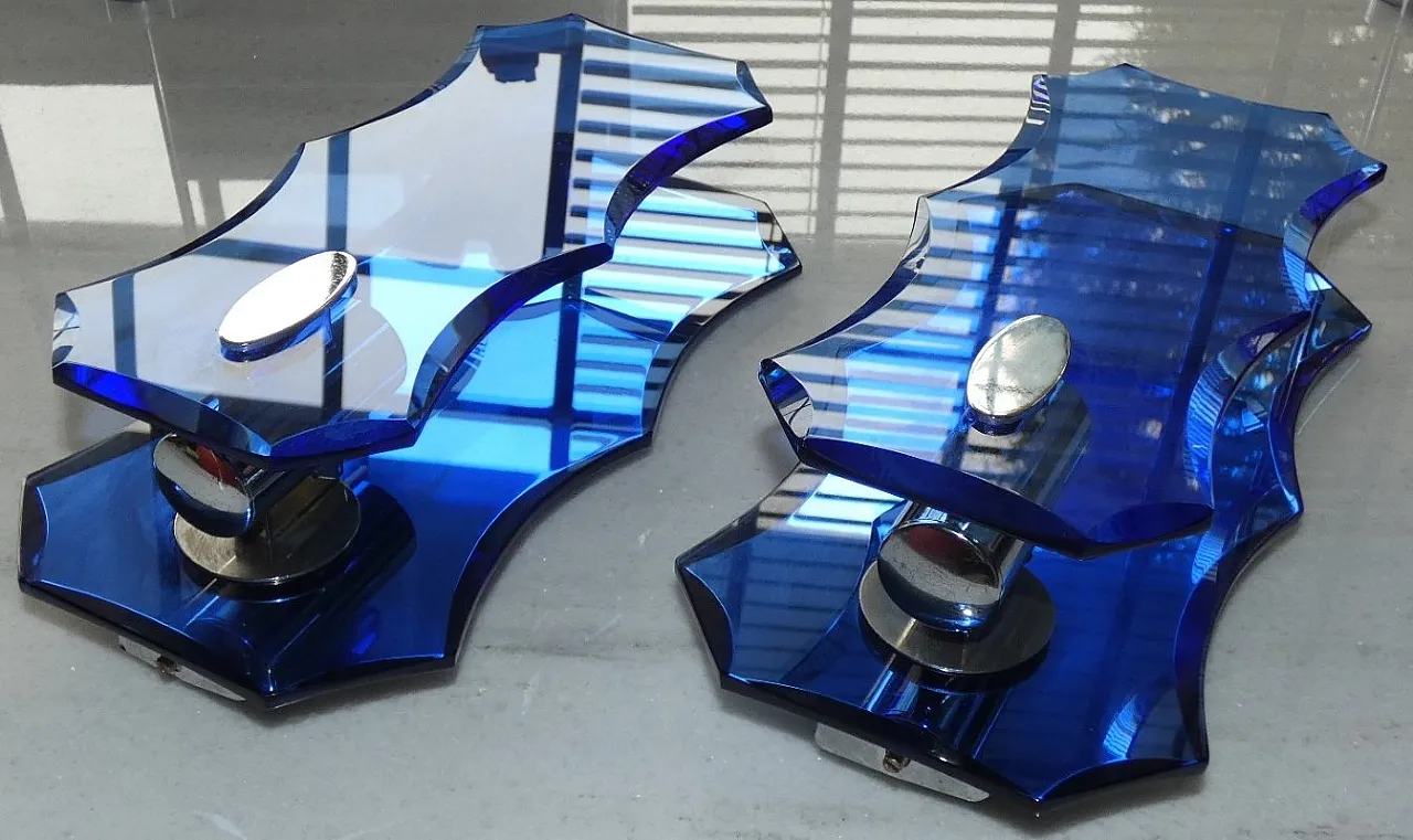 Pair of Cristal Art Blue Glass Wall Lamps, 1970s 3