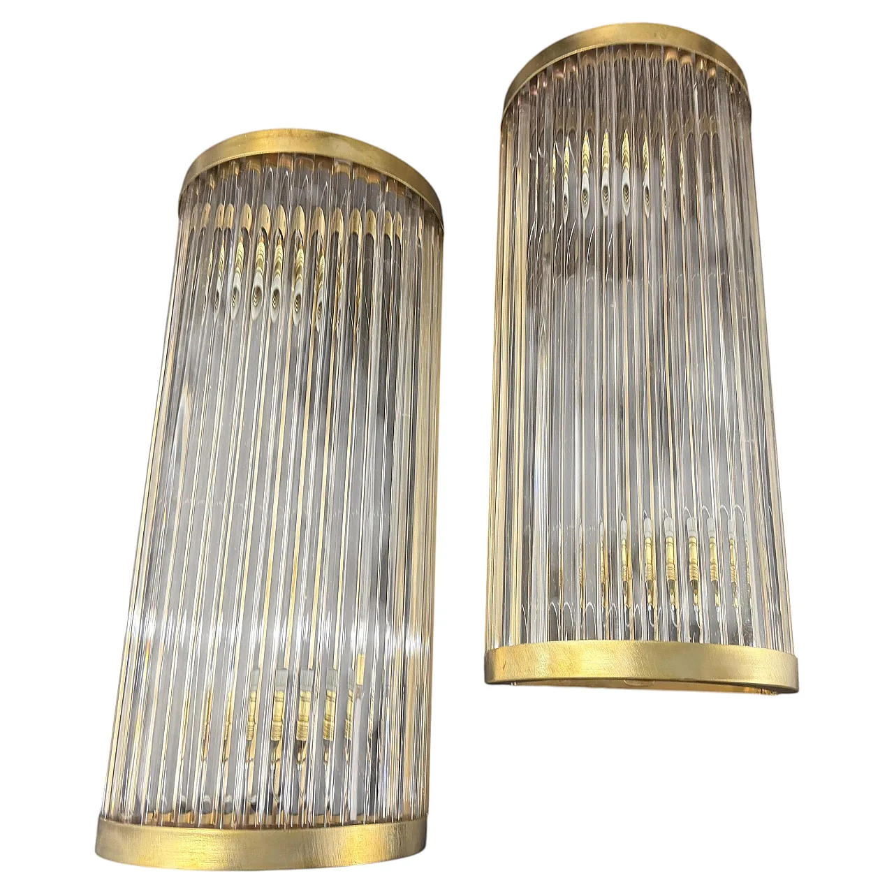 Pair of Mid-Century Modern brass and glass wall sconces, 2000s 1