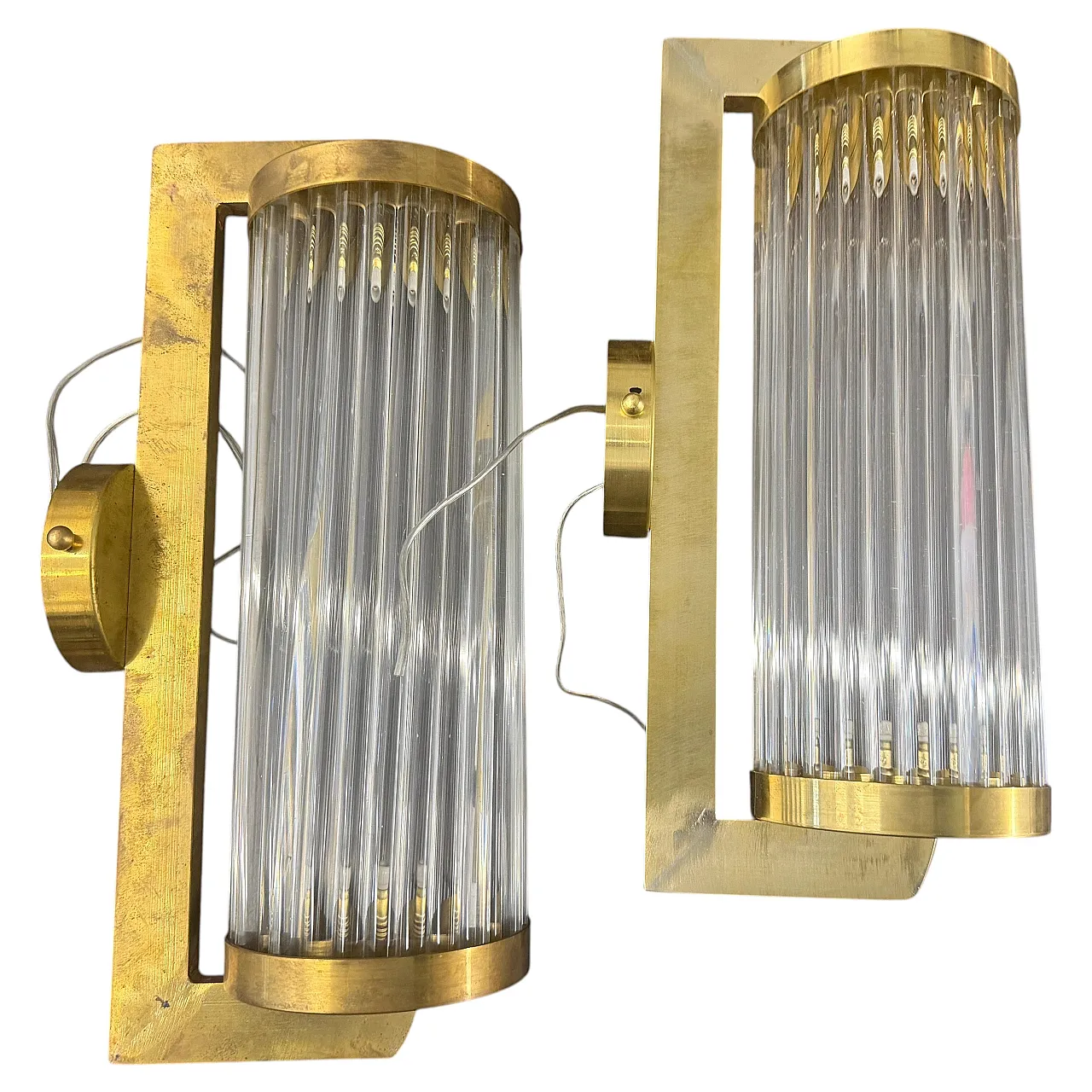 Pair of Art Deco style brass and glass theater wall sconces, 1980s 1