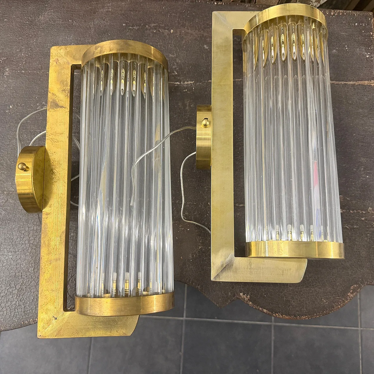 Pair of Art Deco style brass and glass theater wall sconces, 1980s 3