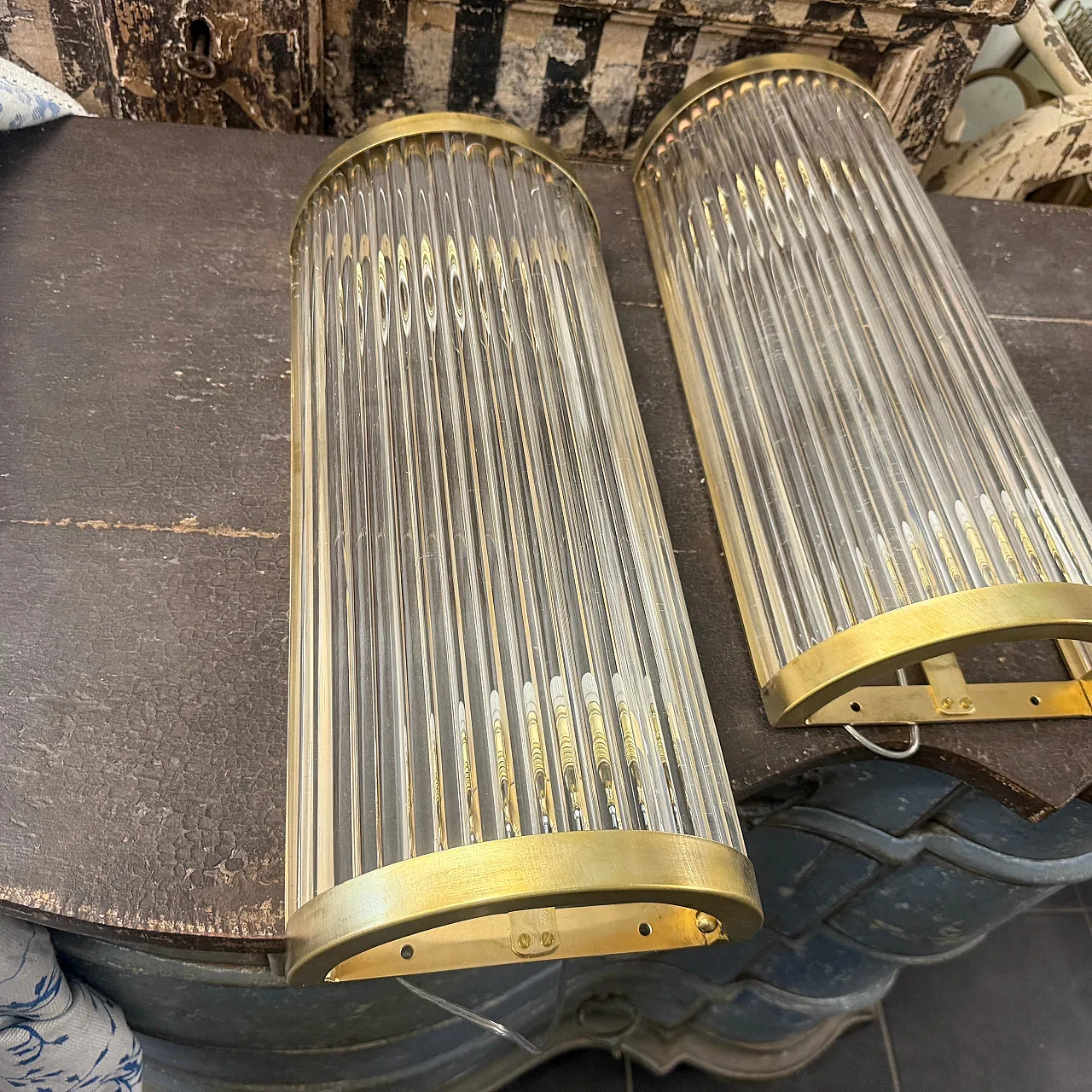 Pair of Mid-Century Modern brass and glass wall sconces, 2000s 5