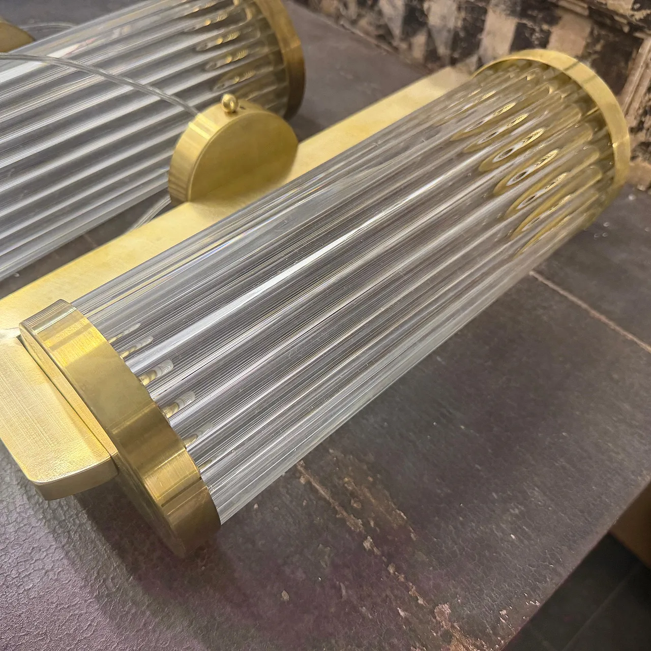Pair of Art Deco style brass and glass theater wall sconces, 1980s 5