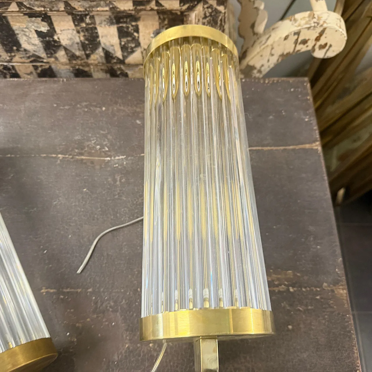 Pair of Art Deco style brass and glass theater wall sconces, 1980s 6