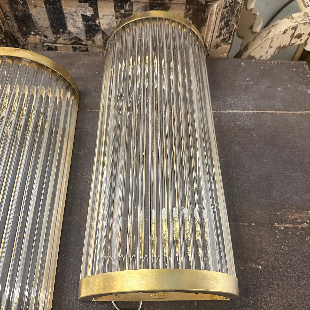 Pair of Mid-Century Modern brass and glass wall sconces, 2000s 8