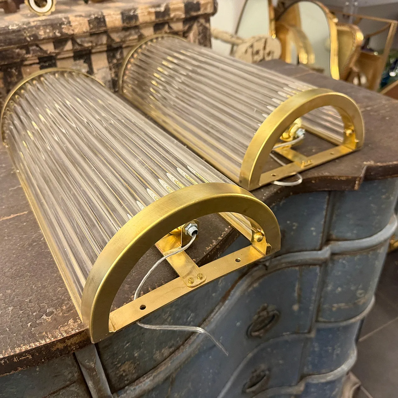 Pair of Mid-Century Modern brass and glass wall sconces, 2000s 9